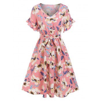 

V Neck Flower Print Belted Dress, Light pink