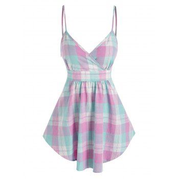 

Spaghetti Strap Plaid Surplice Tank Top, Light blue