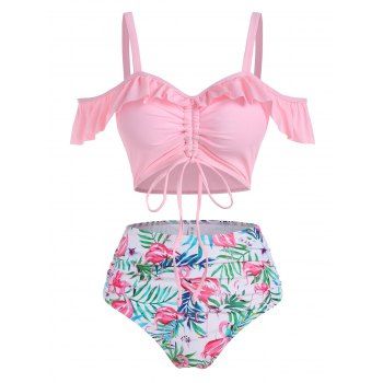 

Flamingo Leaf Print Cinched Ruffle Tummy Control Two Piece Swimwear, Light pink