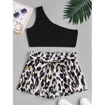 

Plus Size Solid One Shoulder Top and Leopard Paperbag Shorts Set, Multicolor