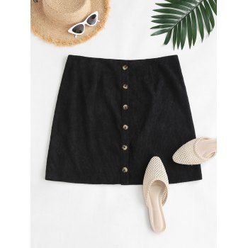 

Corduroy Button Up Plus Size Mini Skirt, Black