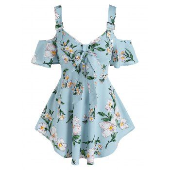 

Cold Shoulder Floral Print Bowknot Blouse, Light blue