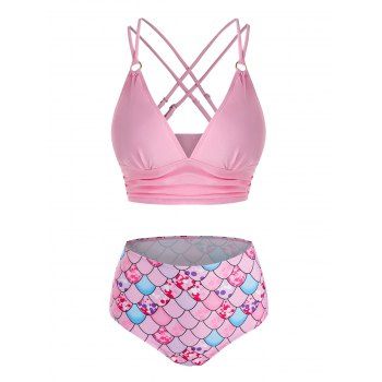 

Mermaid Print Strappy Ruched Padded Bikini Set, Light pink