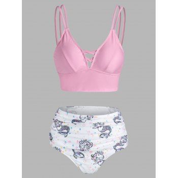 

Strappy Unicorn Mermaid Print Criss-cross Bikini Set, Light pink