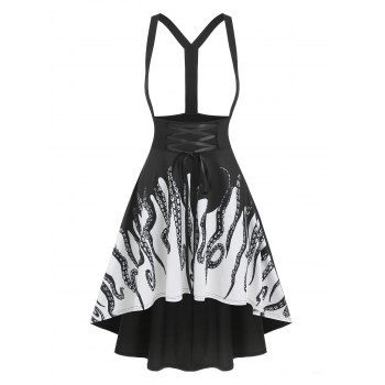 

Lace-up Octopus Print High Low Suspender Skirt, Black