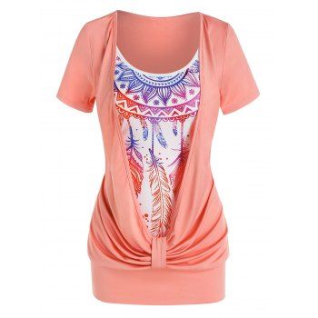 

Feather Print Ruched Faux Twinset T-shirt, Light pink