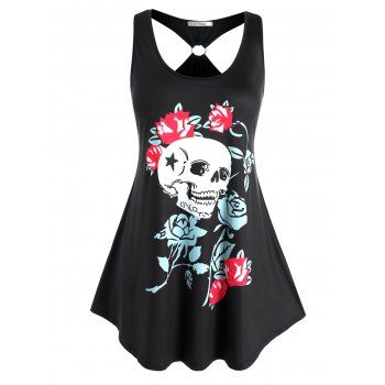 

Plus Size Skull Floral Print O Ring Tank Top, Black