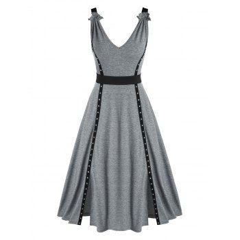 

Summer A Line Midi Slit Dress Colorblock Rivets Sleeveless V Neck Dress, Gray