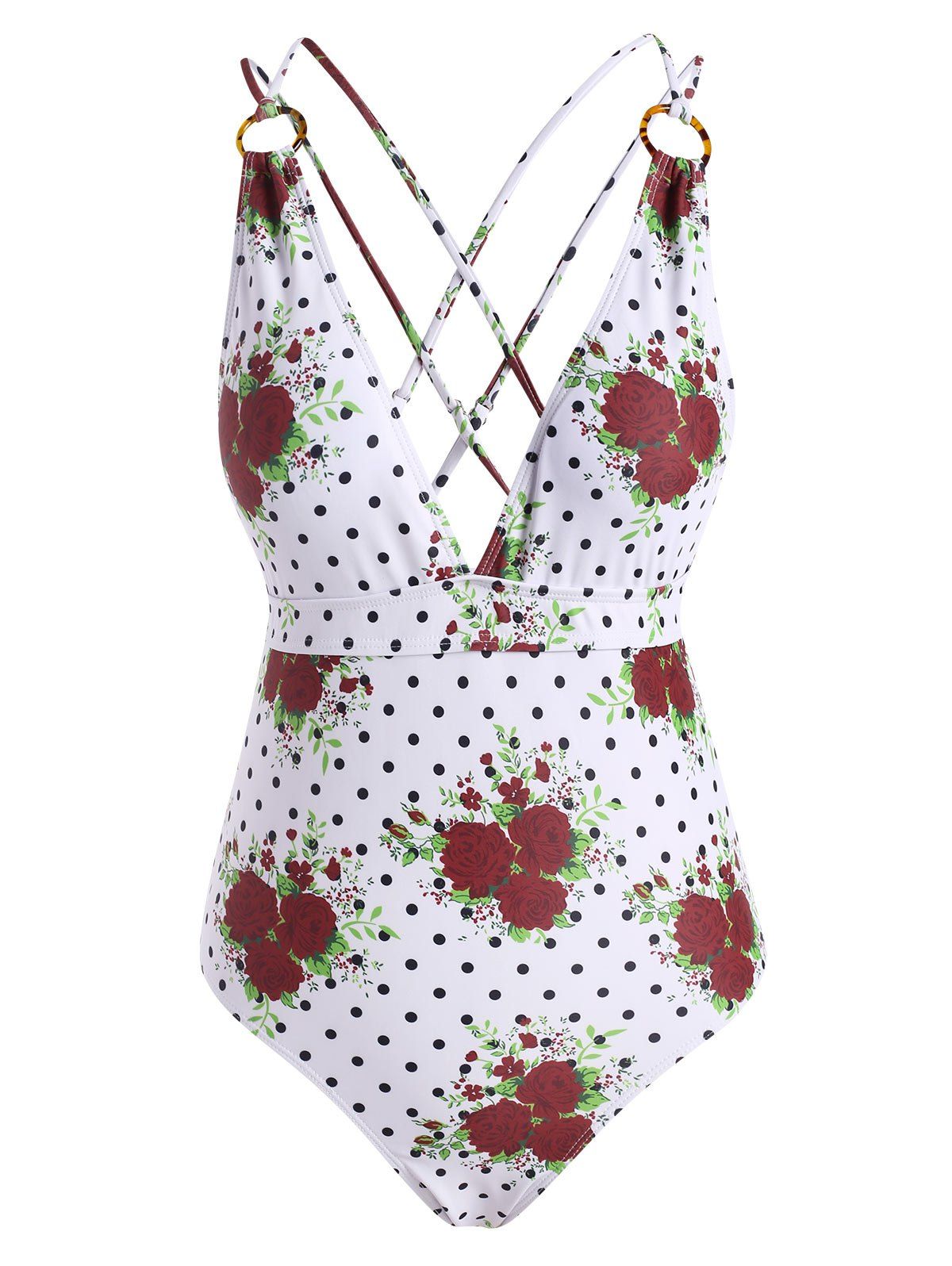 Flower Polka Dot O Ring Criss Cross Backless One-piece Swimsuit - DEEP RED XL