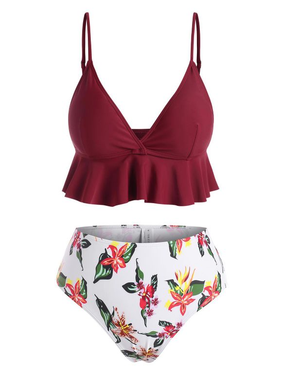 Beach Bikini Swimwear Contrast Leaf Flower Print Flounce Peplum Plunge High Waisted Swimsuit - DEEP RED XL