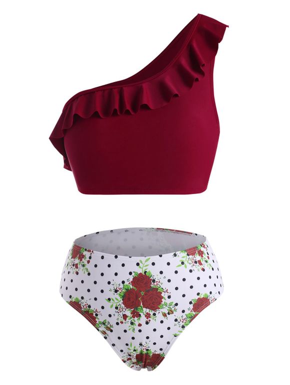 Maillot de Bain Bikini Gainant Fleur à Une Epaule à Pois à Volants - Rouge foncé XL