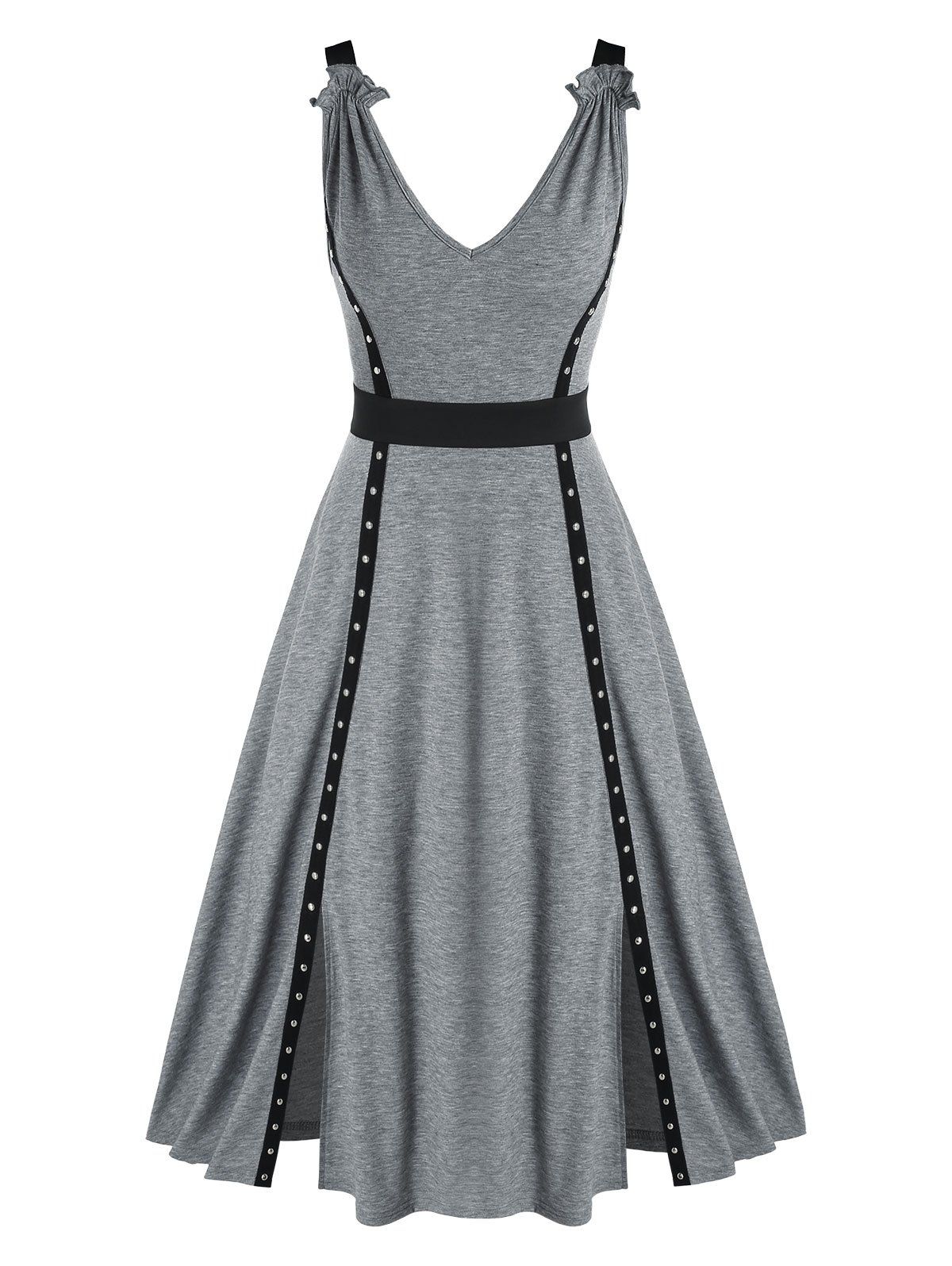 Summer A Line Midi Slit Dress Colorblock Rivets Sleeveless V Neck Dress - GRAY M