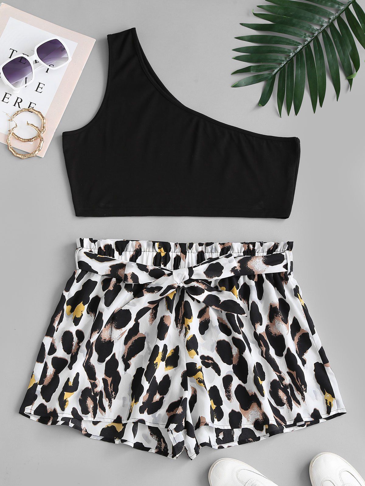 Plus Size Solid One Shoulder Top and Leopard Paperbag Shorts Set - multicolor 5XL