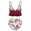 Beach Bikini Swimwear Contrast Leaf Flower Print Flounce Peplum Plunge High Waisted Swimsuit - DEEP RED XL