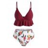 Contrast Flower Print Flounce Peplum Bikini Swimwear - DEEP RED M