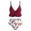 Maillot de Bain Bikini à Imprimé Péplum Fleur Contrasté à Volants à Taille Haute de Plage - Rouge foncé XL