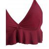 Maillot de Bain Bikini à Imprimé Péplum Fleur Contrasté à Volants à Taille Haute de Plage - Rouge foncé XL