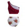 One Shoulder Bikini Swimwear Polka Dot Flower Swimsuit Ruffle Tummy Control Bathing Suit - DEEP RED M