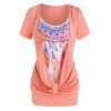 T-shirt à Imprimé Plume Fausse Deux Pièces à Volants - Rose clair XXXL