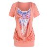 Feather Print Ruched Faux Twinset T-shirt - LIGHT PINK XXL