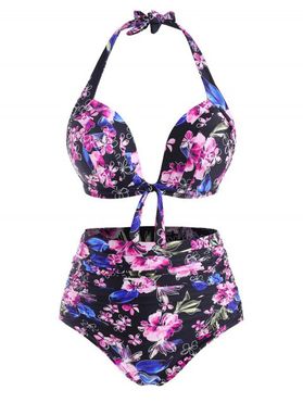Plus Size Floral Print Halter Tied Tummy Control Bikini Swimwear