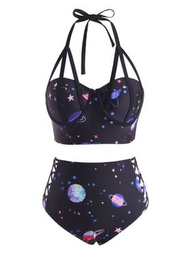 Gothic Bikini Swimsuit Planet Star Print Swimwear Corset Underwire Lattice Strappy Halter Summer Beach Bathing Suit