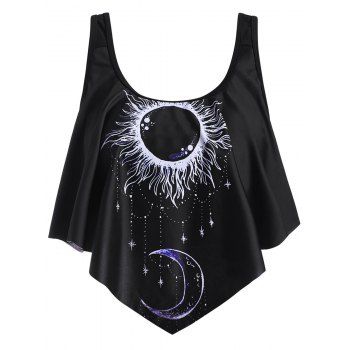 Vacay Swimwear Sun Moon Star Print Flounce Overlay Swim Top dresslily imagine noua 2022
