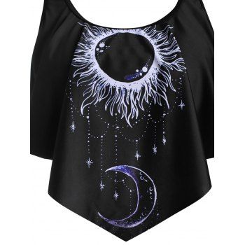 Vacay Swimwear Sun Moon Star Print Flounce Overlay Swim Top