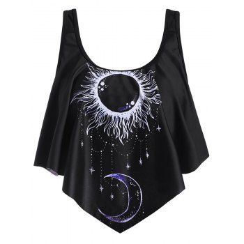 

Vacation Swimwear Top Sun Moon Star Print Flounce Overlay Beach Swim Top, Black