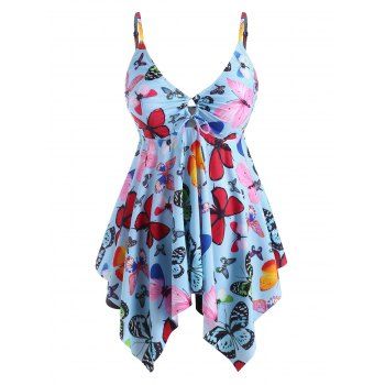 

Plus Size Keyhole Butterfly Print Handkerchief Tankini Swimwear, Multicolor