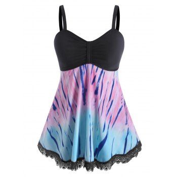 

Plus Size Tie Dye Guipure Lace Hem Ruched Tankini Swimwear, Light pink