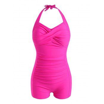 

Plus Size Twisted Halter Boyleg Tummy Control One-piece Swimsuit, Light pink