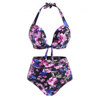 

Plus Size Floral Print Halter Tied Tummy Control Bikini Swimwear, Light pink