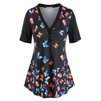 

Plus Size V Neck Butterfly Print Tee, Black