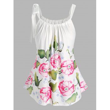 Plus Size Tie Shoulder Floral Print Tank Top, White