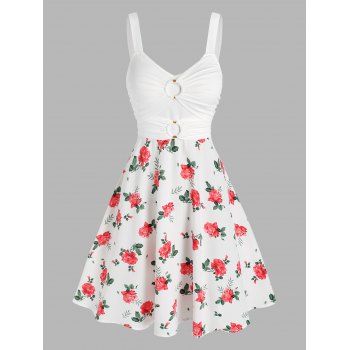 

Floral Print Sundress O Ring Summer Mini Dress, White