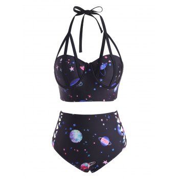 

Gothic Bikini Swimsuit Planet Star Print Swimwear Corset Underwire Lattice Strappy Halter Summer Beach Bathing Suit, Black