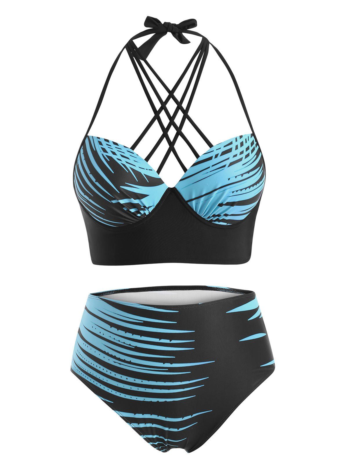 Maillot de Bain Bikini à Imprimé Abstrait de Grande Taille en Treillis à Col Halter - Bleu clair 4X