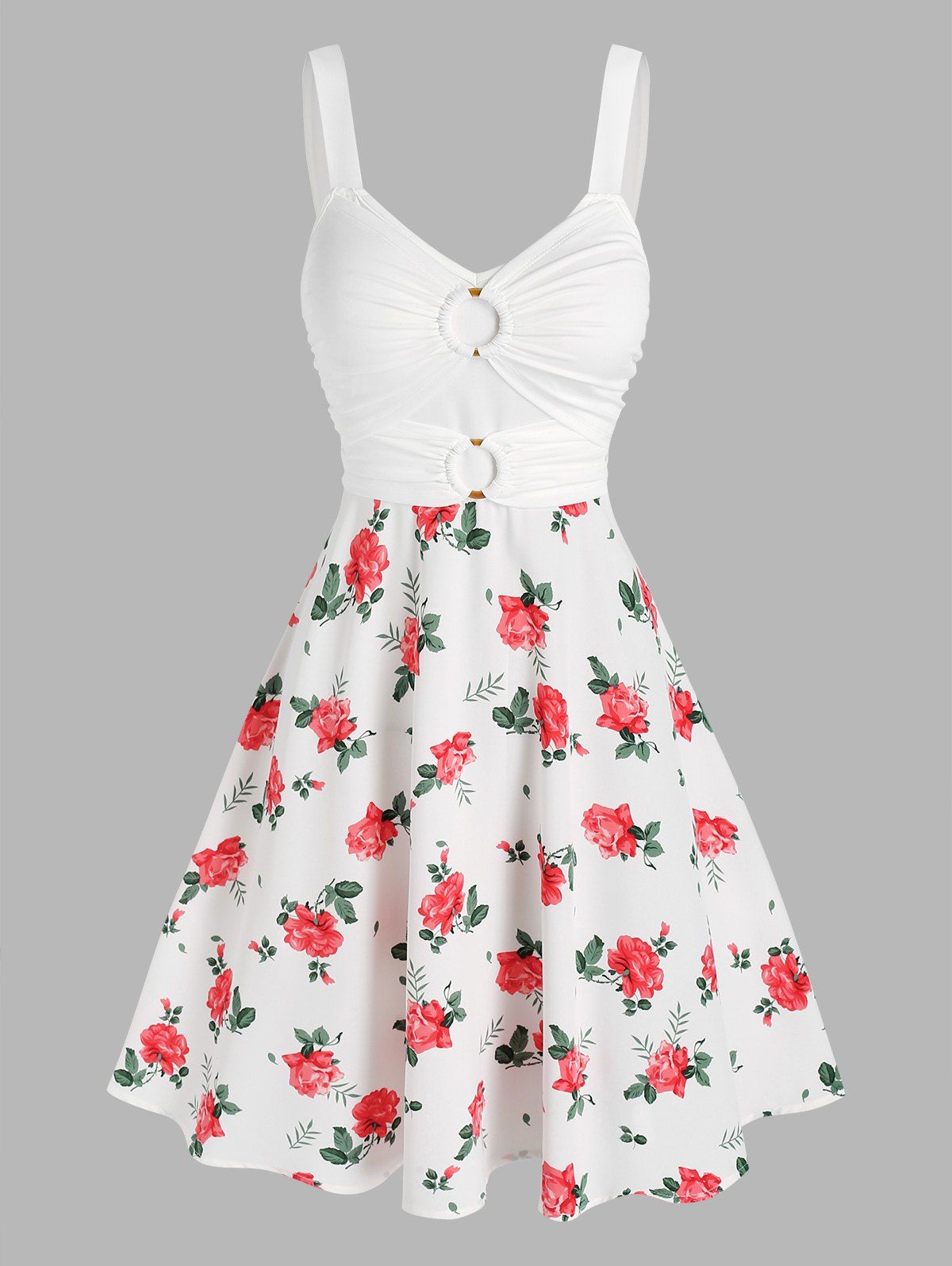 Floral Print Sundress O Ring Summer Mini Dress - WHITE M