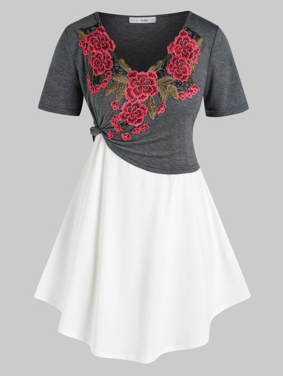 Ensemble de T-shirt Court Applique Fleur de Grande Taille et de Camisole - multicolor 3X