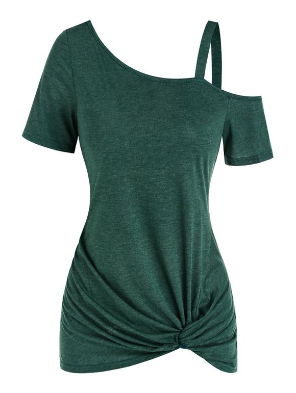 T-shirt Asymétrique Noué à Col Oblique - Vert M