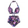 Plus Size Floral Print Halter Tied Tummy Control Bikini Swimwear - LIGHT BLUE 4XL
