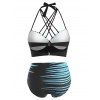 Maillot de Bain Bikini à Imprimé Abstrait de Grande Taille en Treillis à Col Halter - Bleu clair 5X