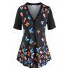 T-shirt Grande Taille à Imprimé Papillon à Col en V - Noir 1X