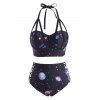 Gothic Bikini Swimsuit Planet Star Print Swimwear Corset Underwire Lattice Strappy Halter Summer Beach Bathing Suit - BLACK XXL