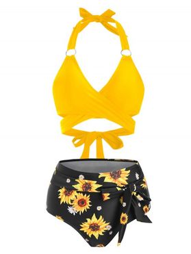 Ring Sunflower Knot High Waisted Wrap Bikini Swimwear