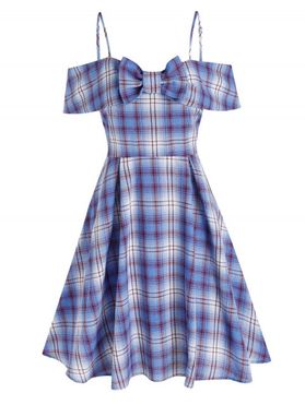 Vintage Plaid Checked Print A Line Mini Dress Cold Shoulder Bowknot Strappy Dress