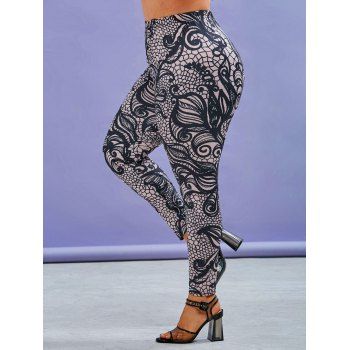 

Plus Size Allover Flower Print High Waisted Skinny Leggings, Black
