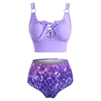 

Lace Up Mermaid Print O Ring Tankini Swimwear, Light purple