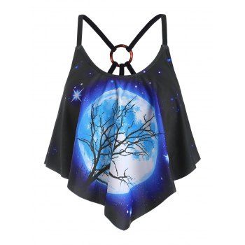 

Strappy O-ring Galaxy Moon Printed Swim Top, Black